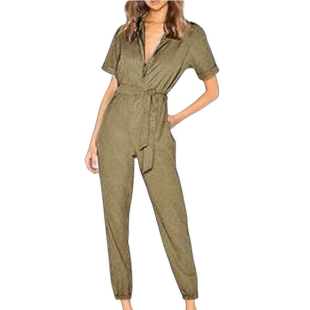 MONROW Utility Jumpsuit Revolve Olive Green Khaki Zip-Up Ankle Jogger Style M